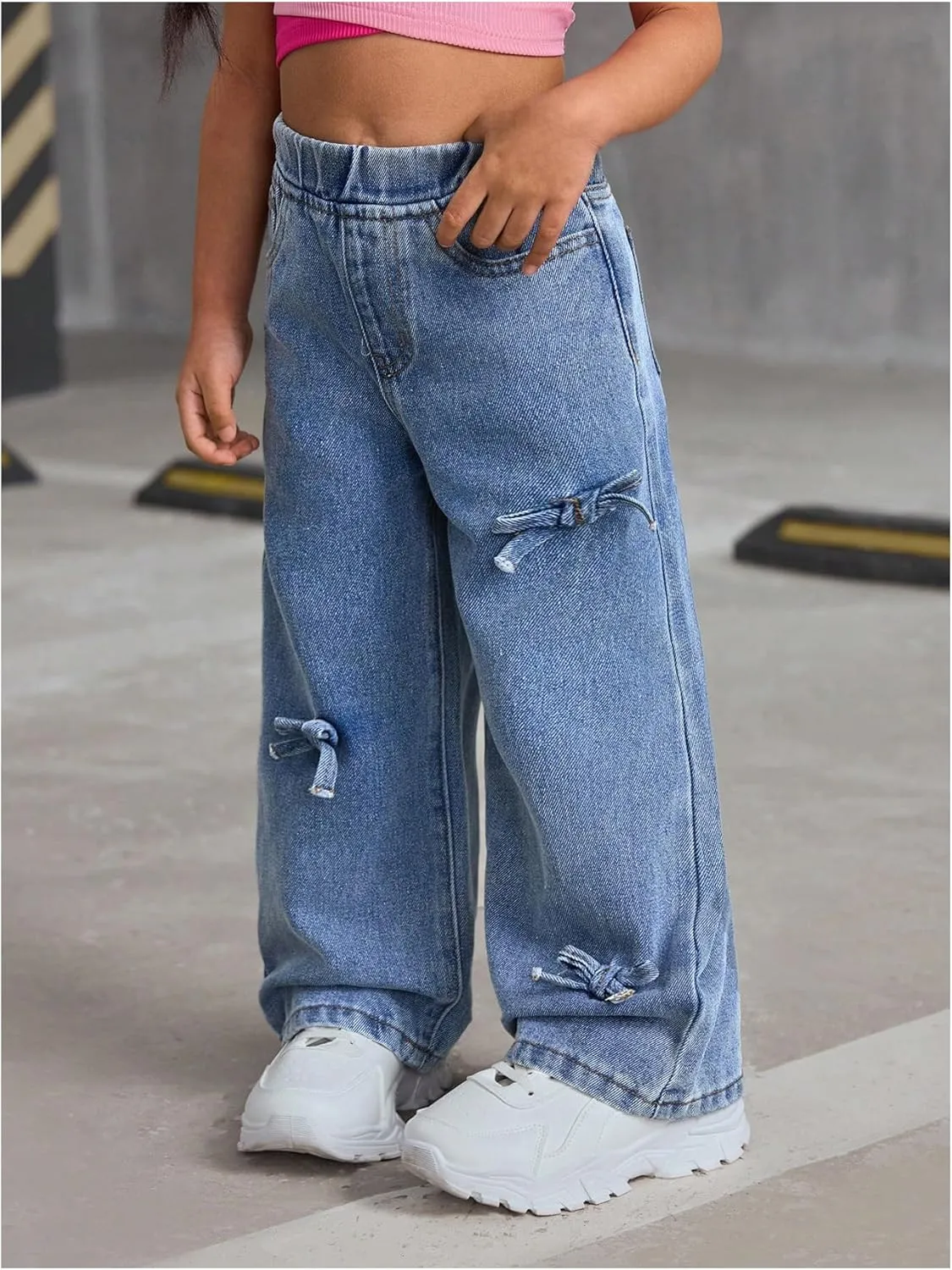 WDIRARA Girls' Bow Decor High Waisted Jeans Straight Leg Elastic Casual Denim Long Pants
