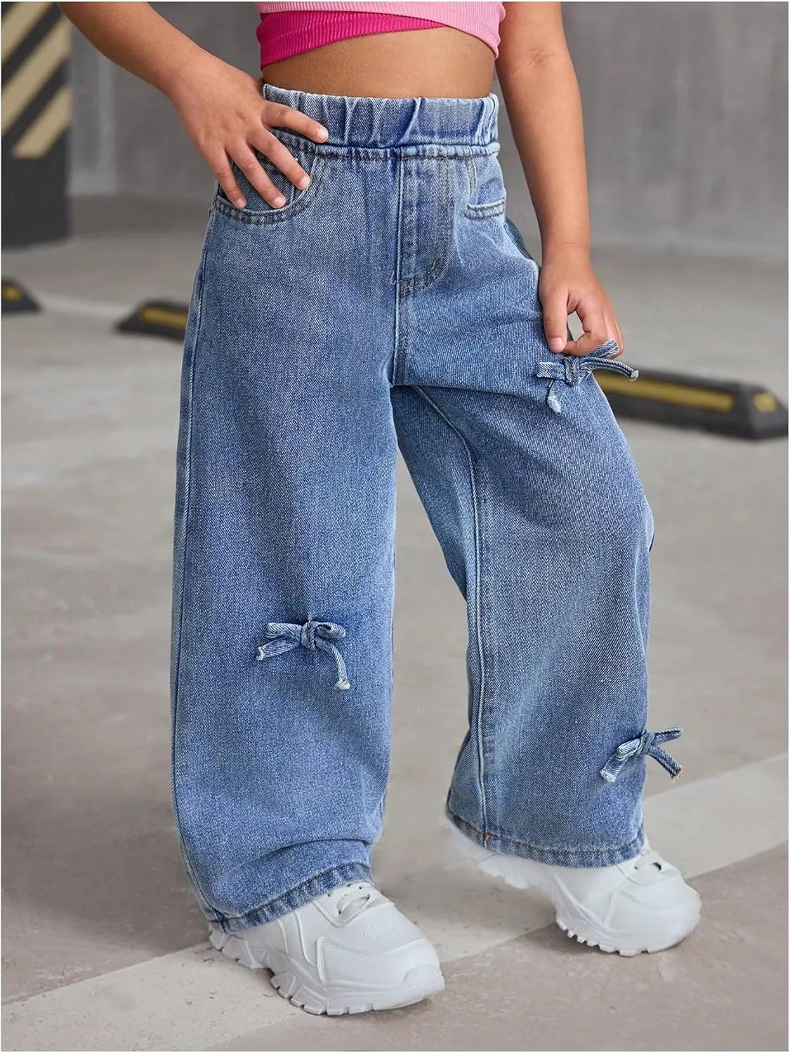 WDIRARA Girls' Bow Decor High Waisted Jeans Straight Leg Elastic Casual Denim Long Pants