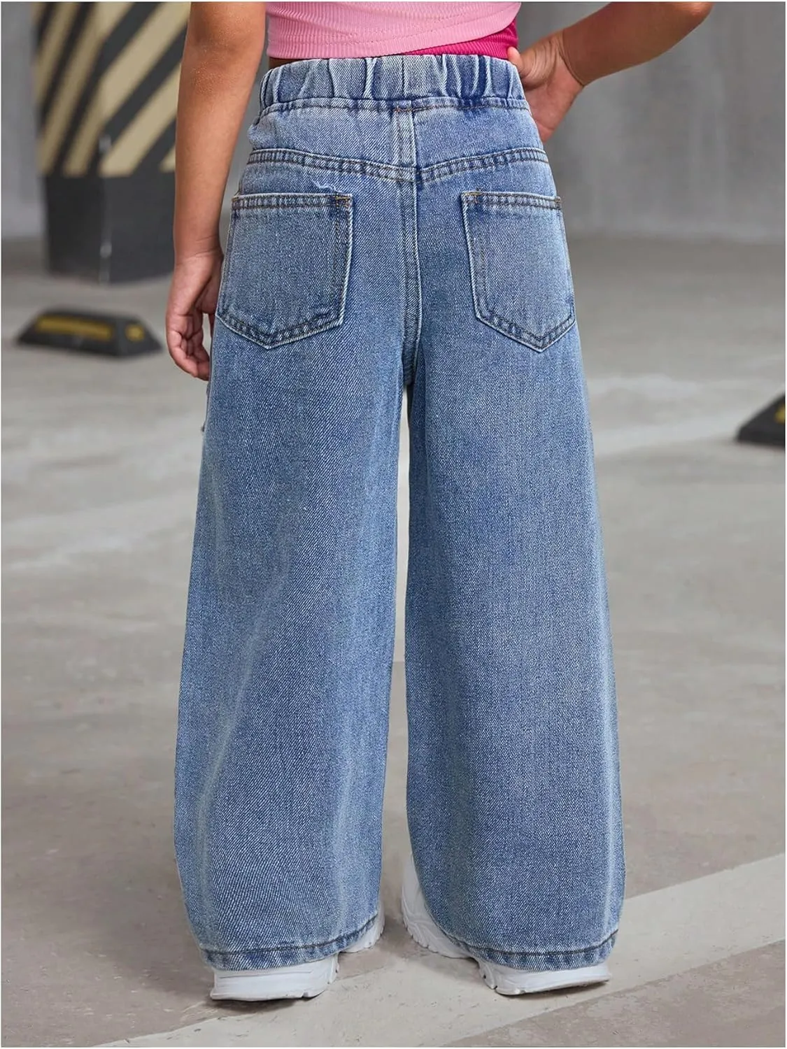 WDIRARA Girls' Bow Decor High Waisted Jeans Straight Leg Elastic Casual Denim Long Pants