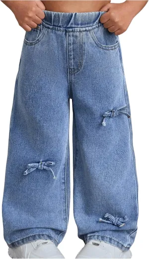 WDIRARA Girls' Bow Decor High Waisted Jeans Straight Leg Elastic Casual Denim Long Pants