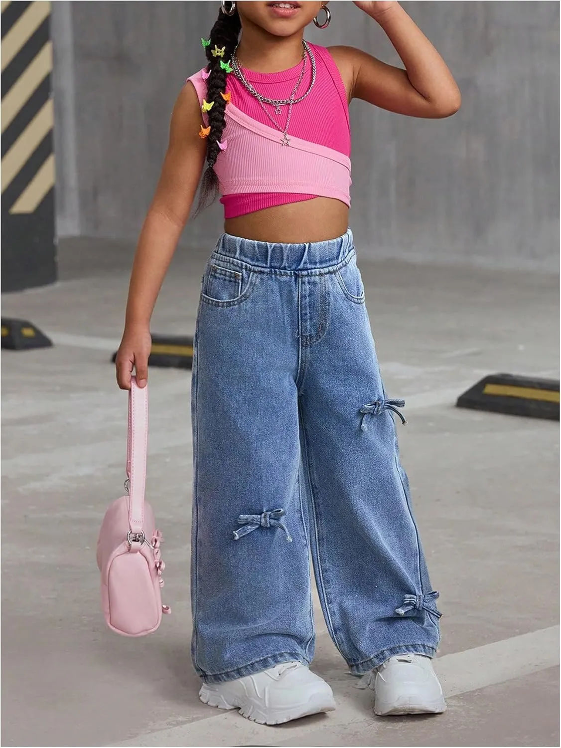 WDIRARA Girls' Bow Decor High Waisted Jeans Straight Leg Elastic Casual Denim Long Pants