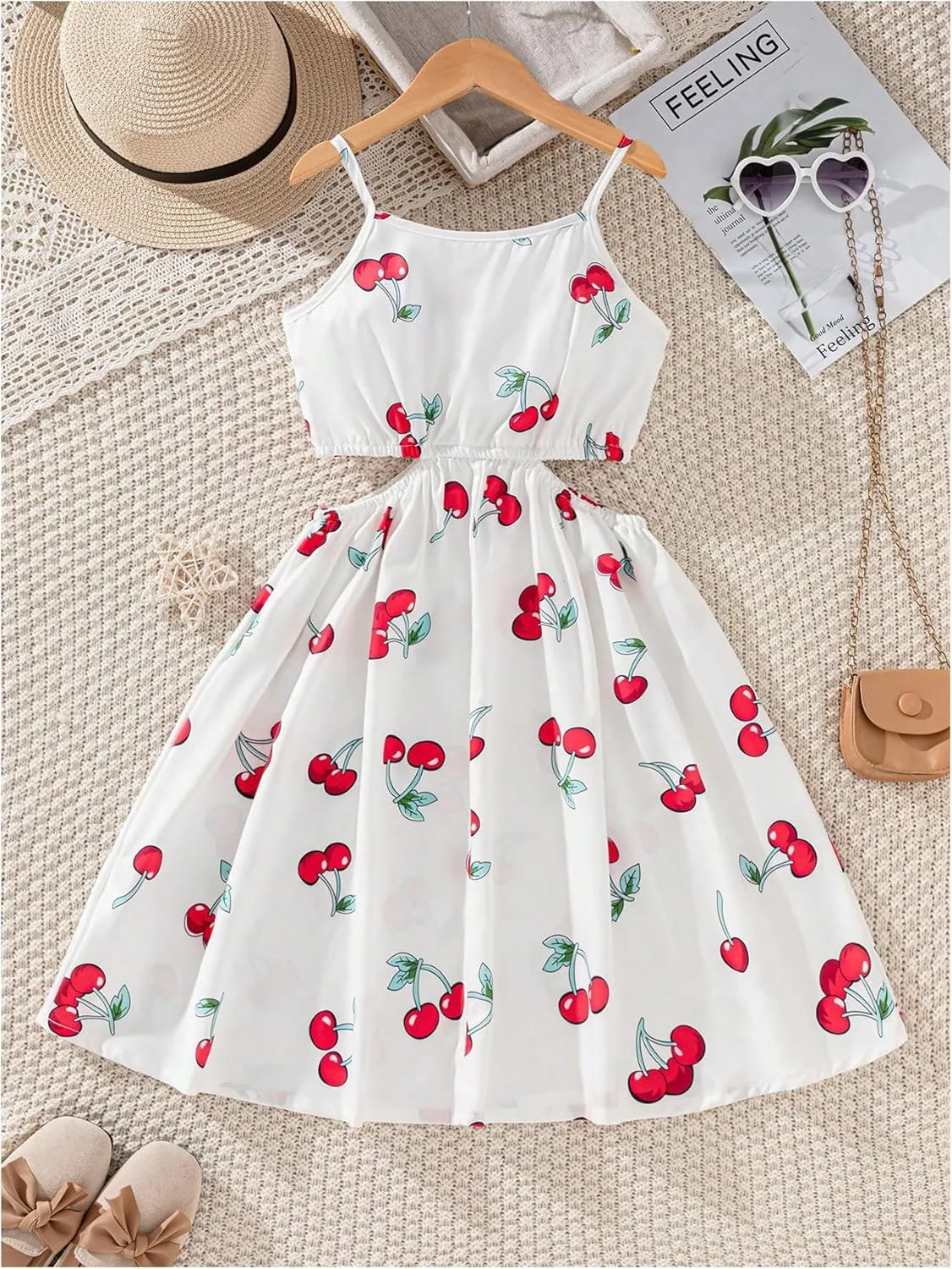 WDIRARA Girl's Flower Print Cut Out Crochet Cami Dress Summer High Waist Flare Hem Boho Slip Dresses
