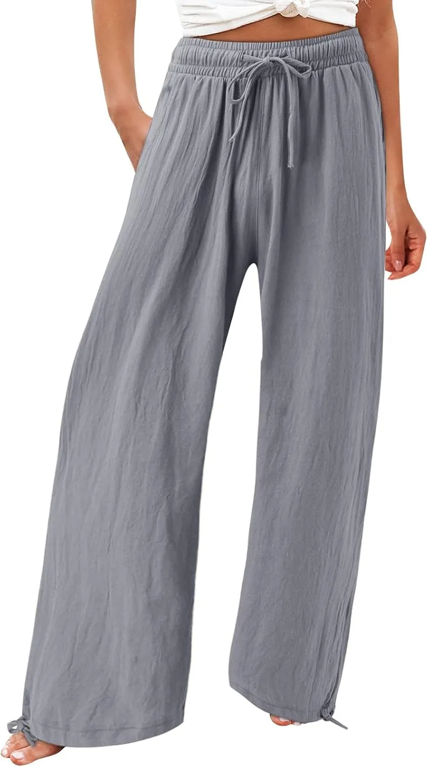 Wide Leg Linen Pants for Women Drawstring High Waisted Boho Palazzo Beach Pants Lightweight Loose Summer with Pockets