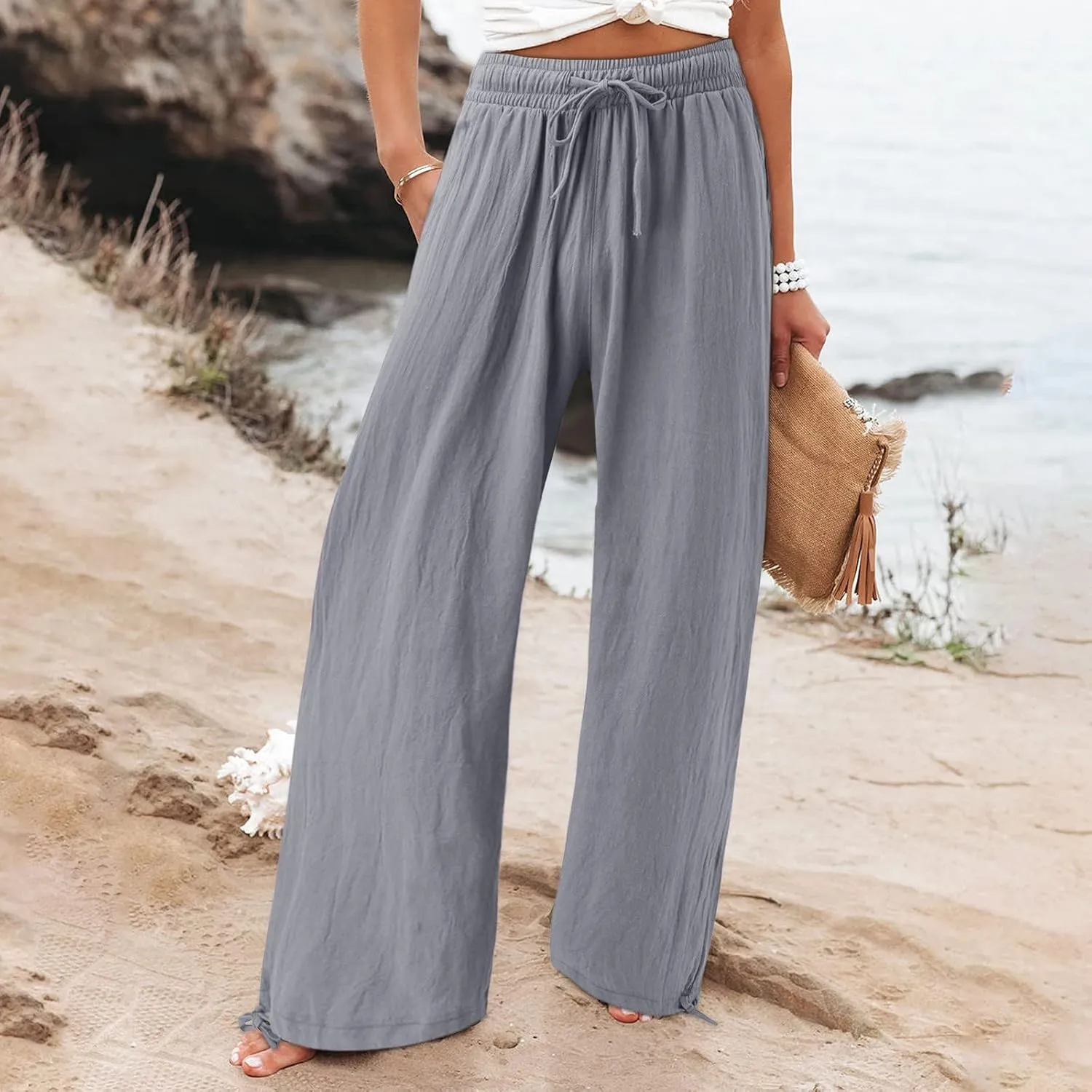 Wide Leg Linen Pants for Women Drawstring High Waisted Boho Palazzo Beach Pants Lightweight Loose Summer with Pockets
