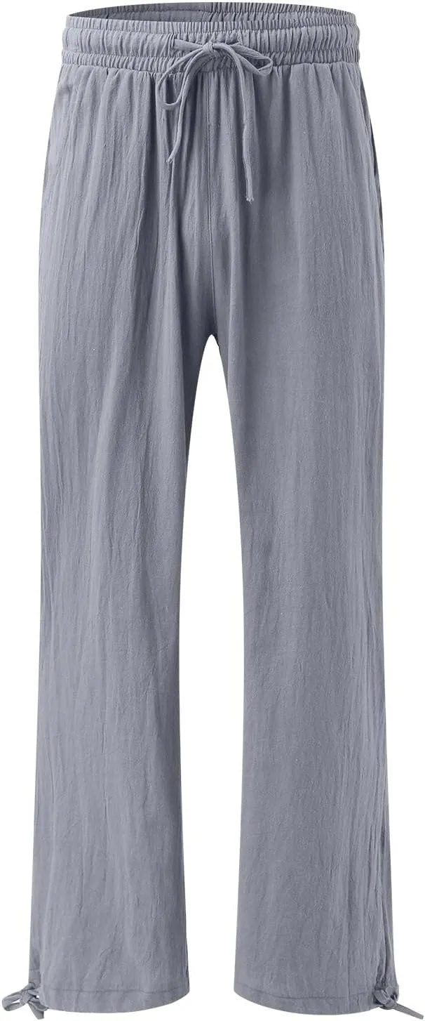 Wide Leg Linen Pants for Women Drawstring High Waisted Boho Palazzo Beach Pants Lightweight Loose Summer with Pockets