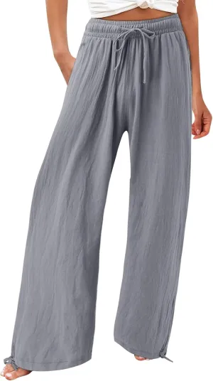Wide Leg Linen Pants for Women Drawstring High Waisted Boho Palazzo Beach Pants Lightweight Loose Summer with Pockets