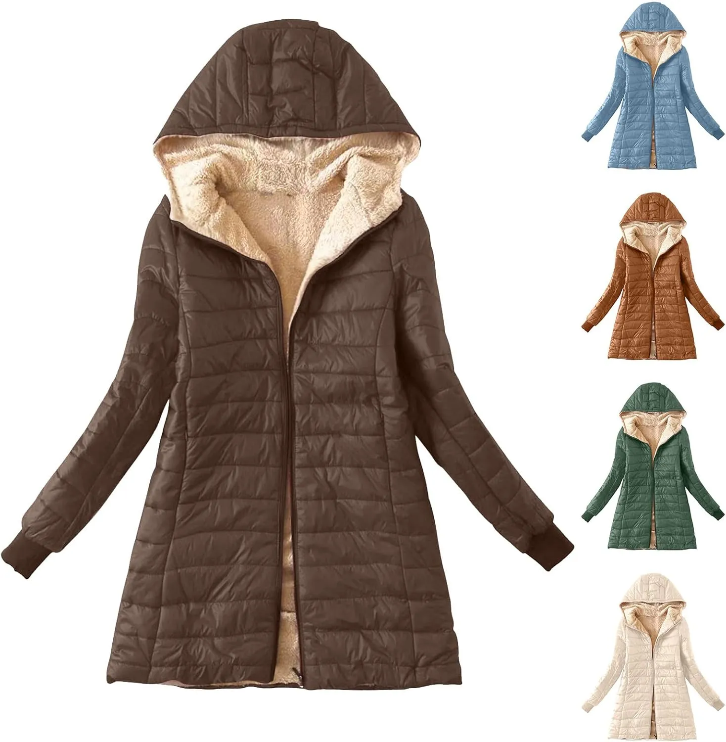 Wkishenl Women Winter Coats Comfy Warm Fleece Lined Cotton Jacket Long Sleeve Quilted Down Coat Sherpa Outerwear with Hood