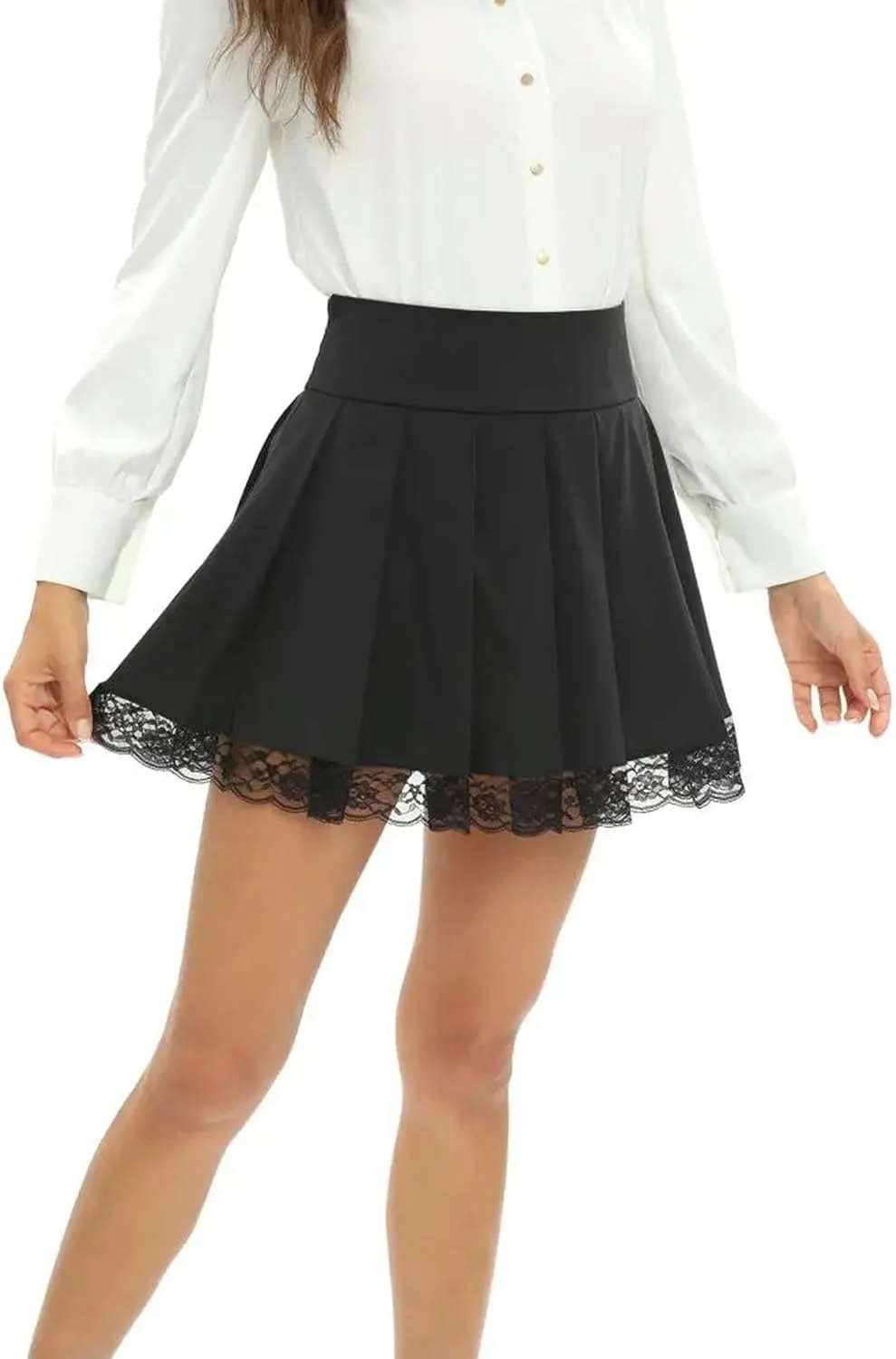 Women Basic Pleated Skater Skirt- Versatile Casual High Waisted Ruffles Mini Flared Skirts-Black-M