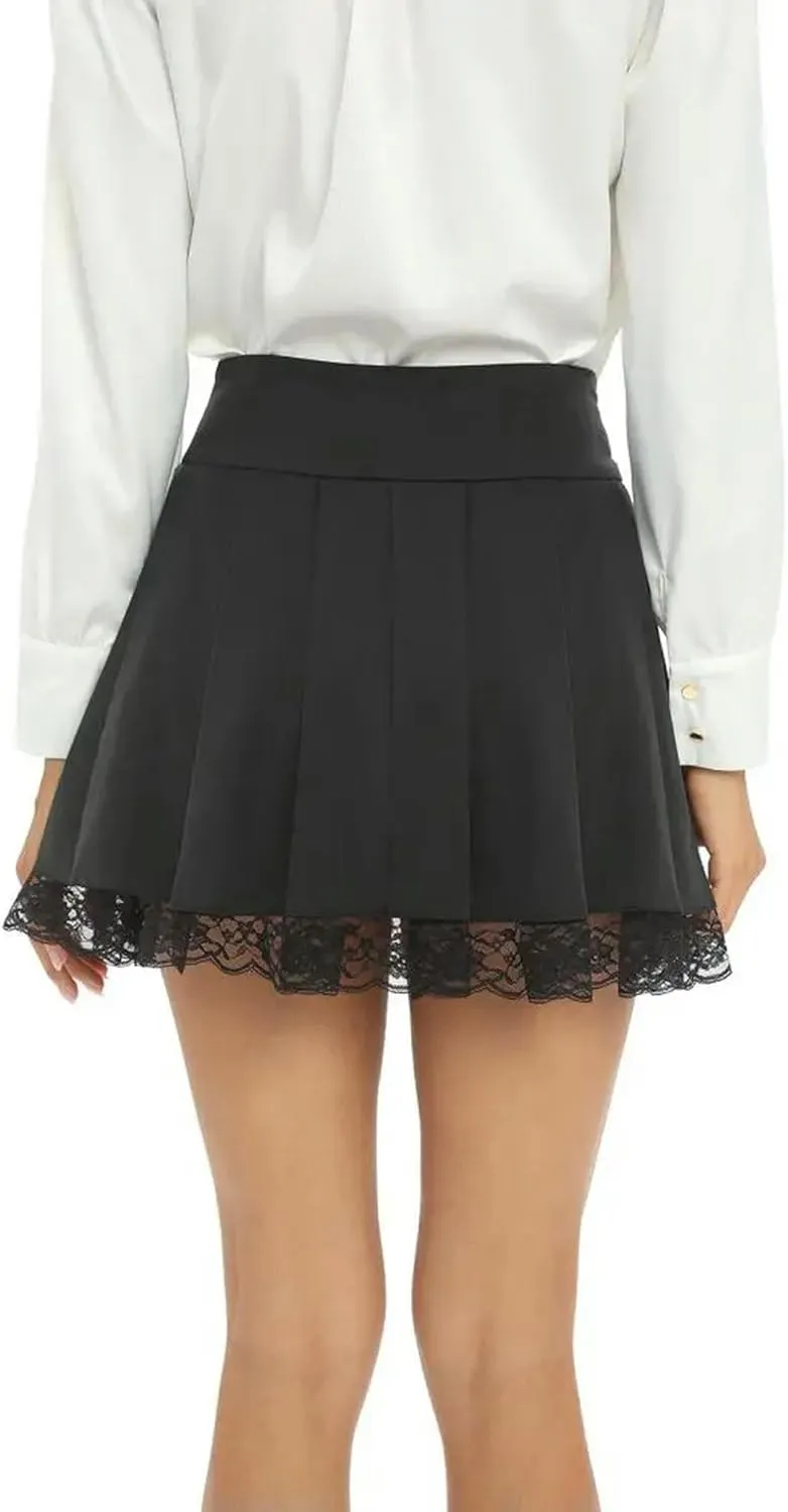 Women Basic Pleated Skater Skirt- Versatile Casual High Waisted Ruffles Mini Flared Skirts-Black-M