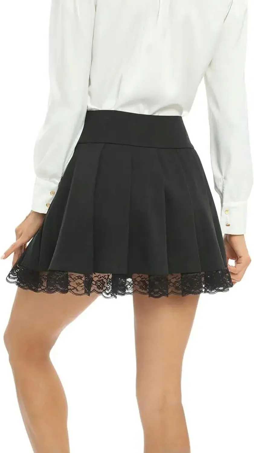 Women Basic Pleated Skater Skirt- Versatile Casual High Waisted Ruffles Mini Flared Skirts-Black-M