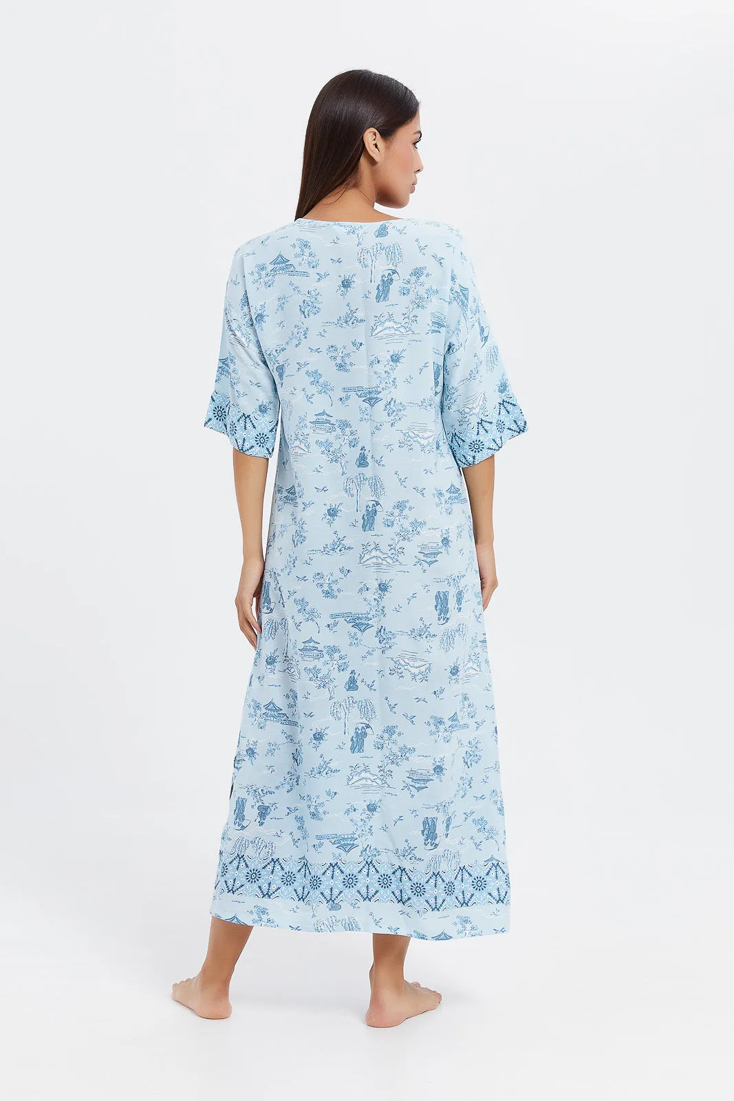 Women Blue Printed Fringe Nightgown