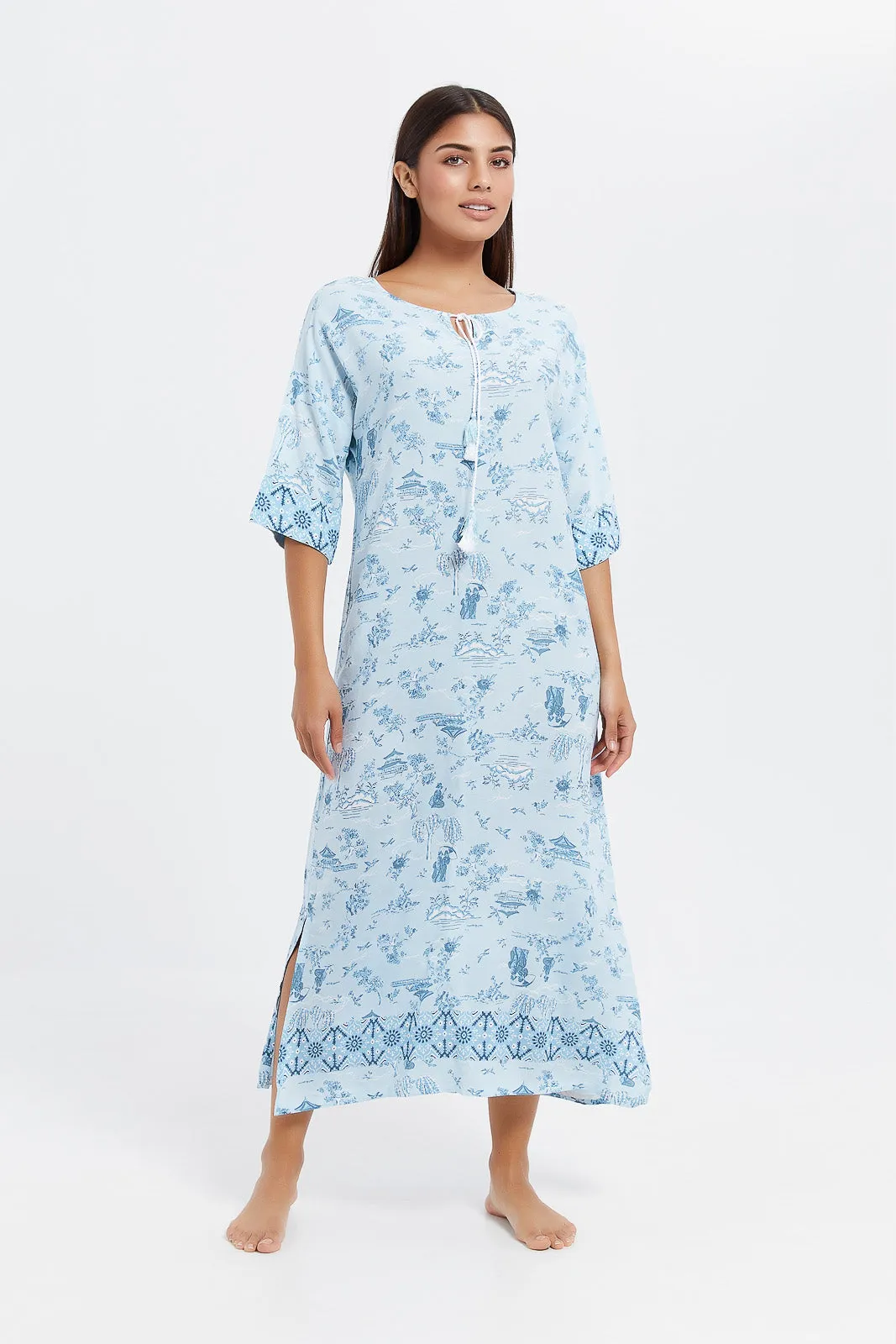 Women Blue Printed Fringe Nightgown