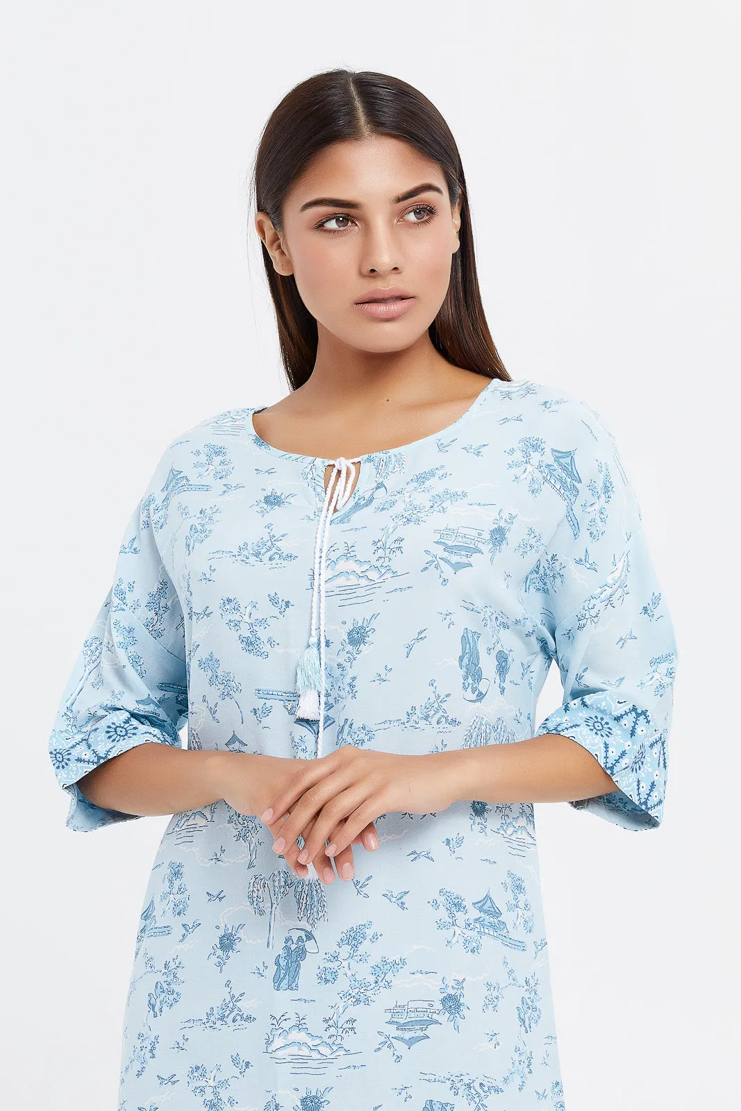 Women Blue Printed Fringe Nightgown