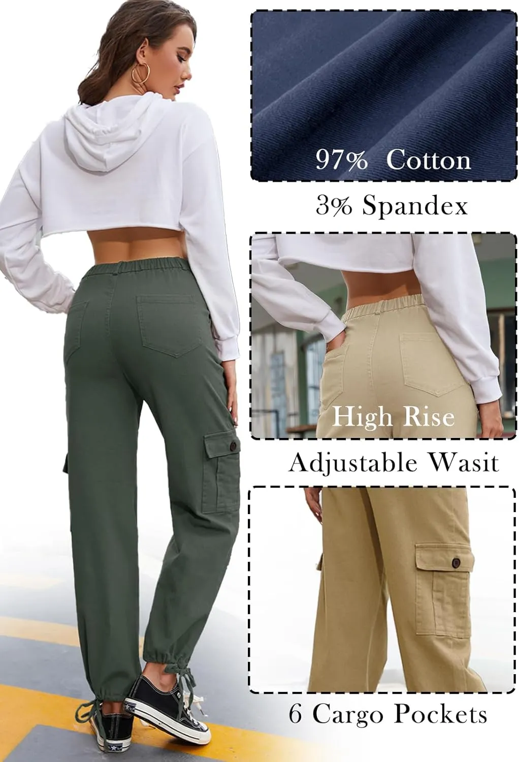 Women Cargo Pants Stretchy Chino Pants for Women High Waisted Jeans with 6 Pockets
