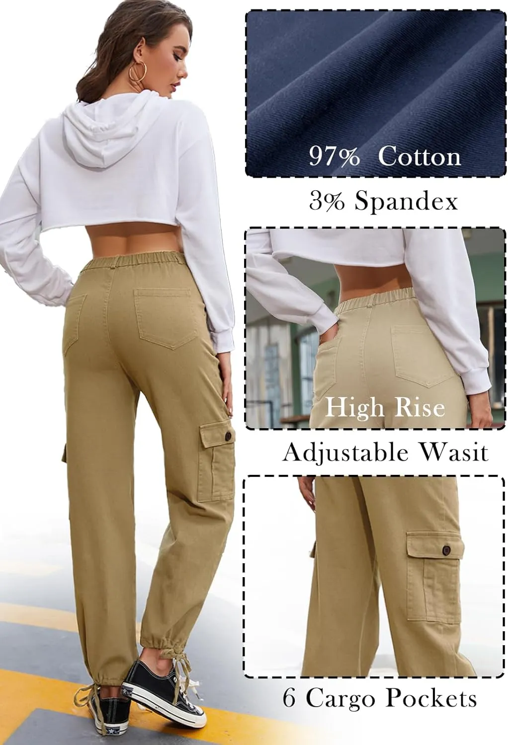 Women Cargo Pants Stretchy Chino Pants for Women High Waisted Jeans with 6 Pockets