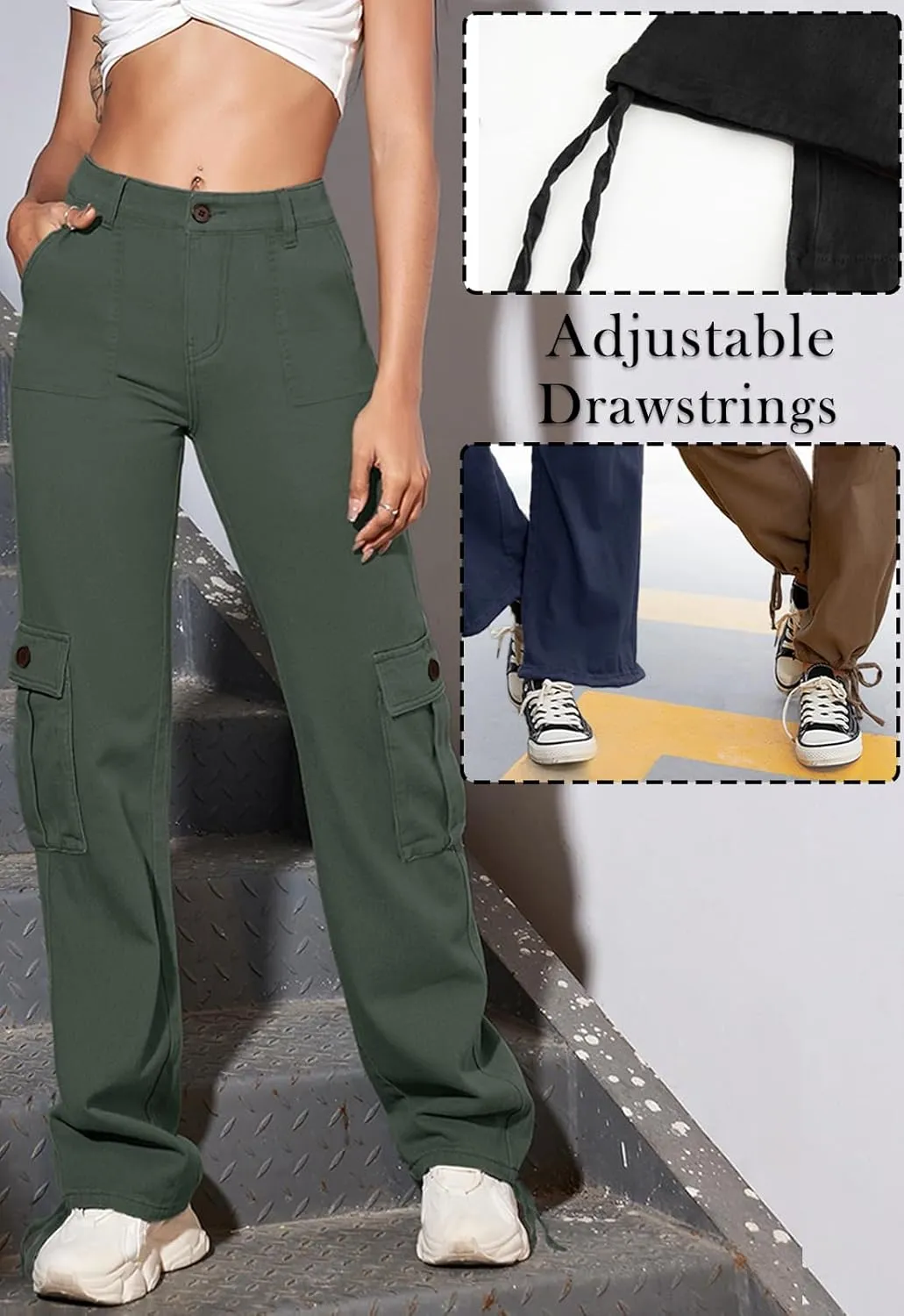 Women Cargo Pants Stretchy Chino Pants for Women High Waisted Jeans with 6 Pockets