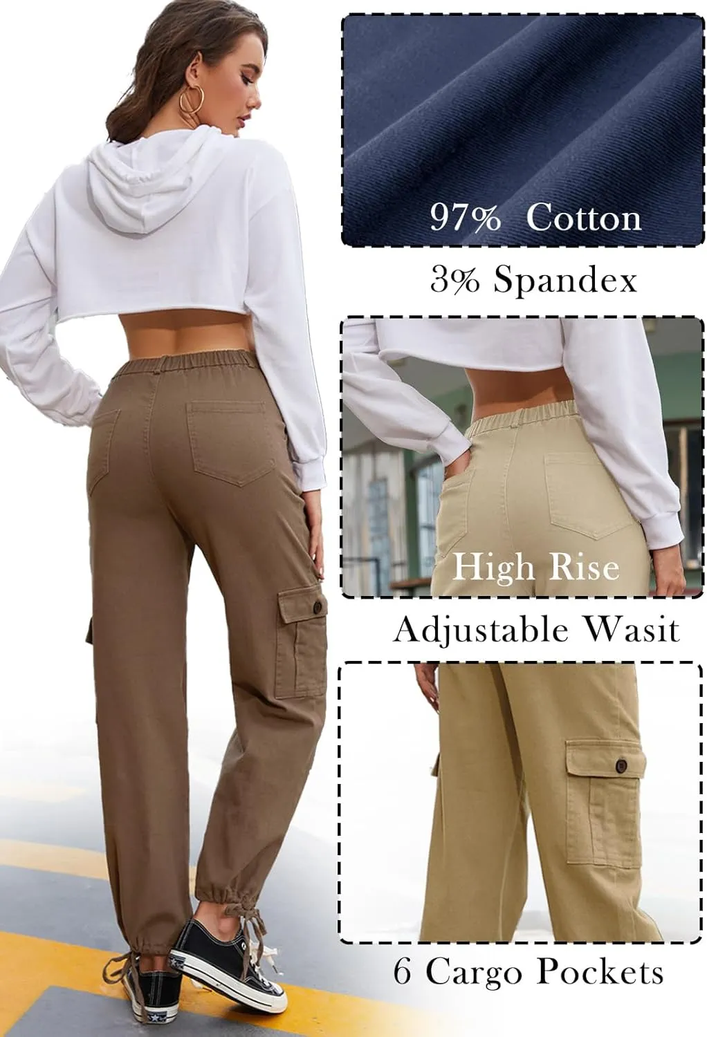 Women Cargo Pants Stretchy Chino Pants for Women High Waisted Jeans with 6 Pockets