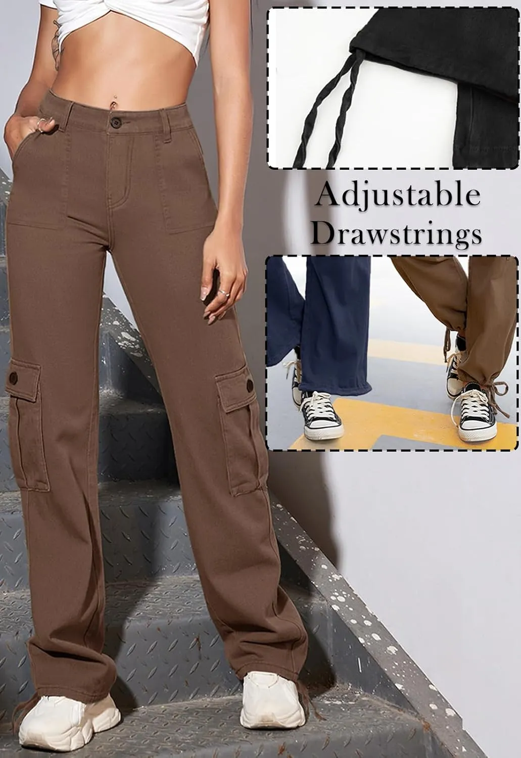 Women Cargo Pants Stretchy Chino Pants for Women High Waisted Jeans with 6 Pockets