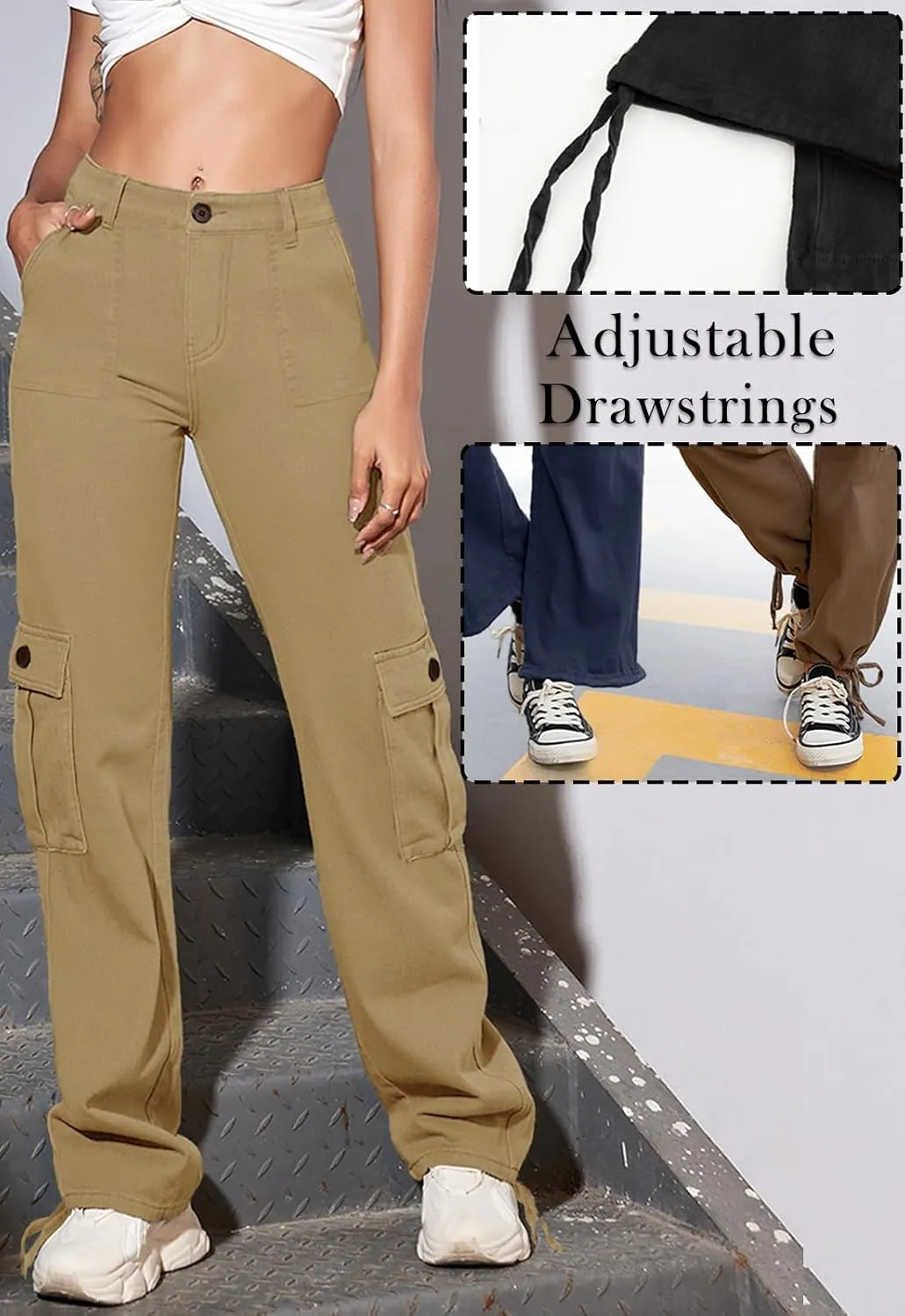 Women Cargo Pants Stretchy Chino Pants for Women High Waisted Jeans with 6 Pockets
