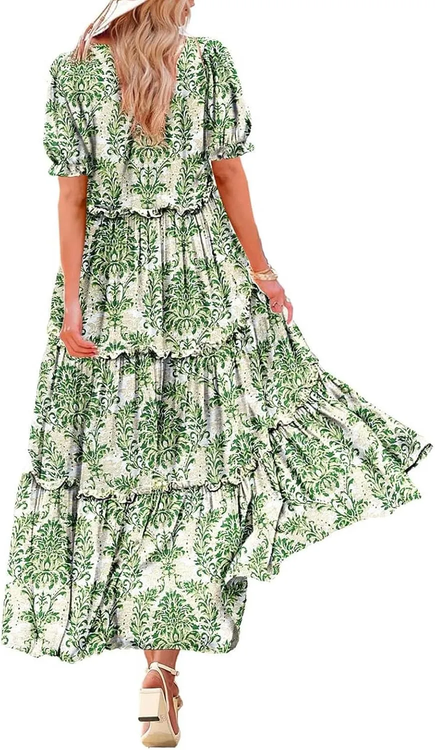 Women Casual Bohemian Floral Dress with Pockets Summer Puff Short Sleeve Maxi Dress Flowy Tiered A Line Dress