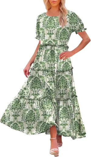 Women Casual Bohemian Floral Dress with Pockets Summer Puff Short Sleeve Maxi Dress Flowy Tiered A Line Dress