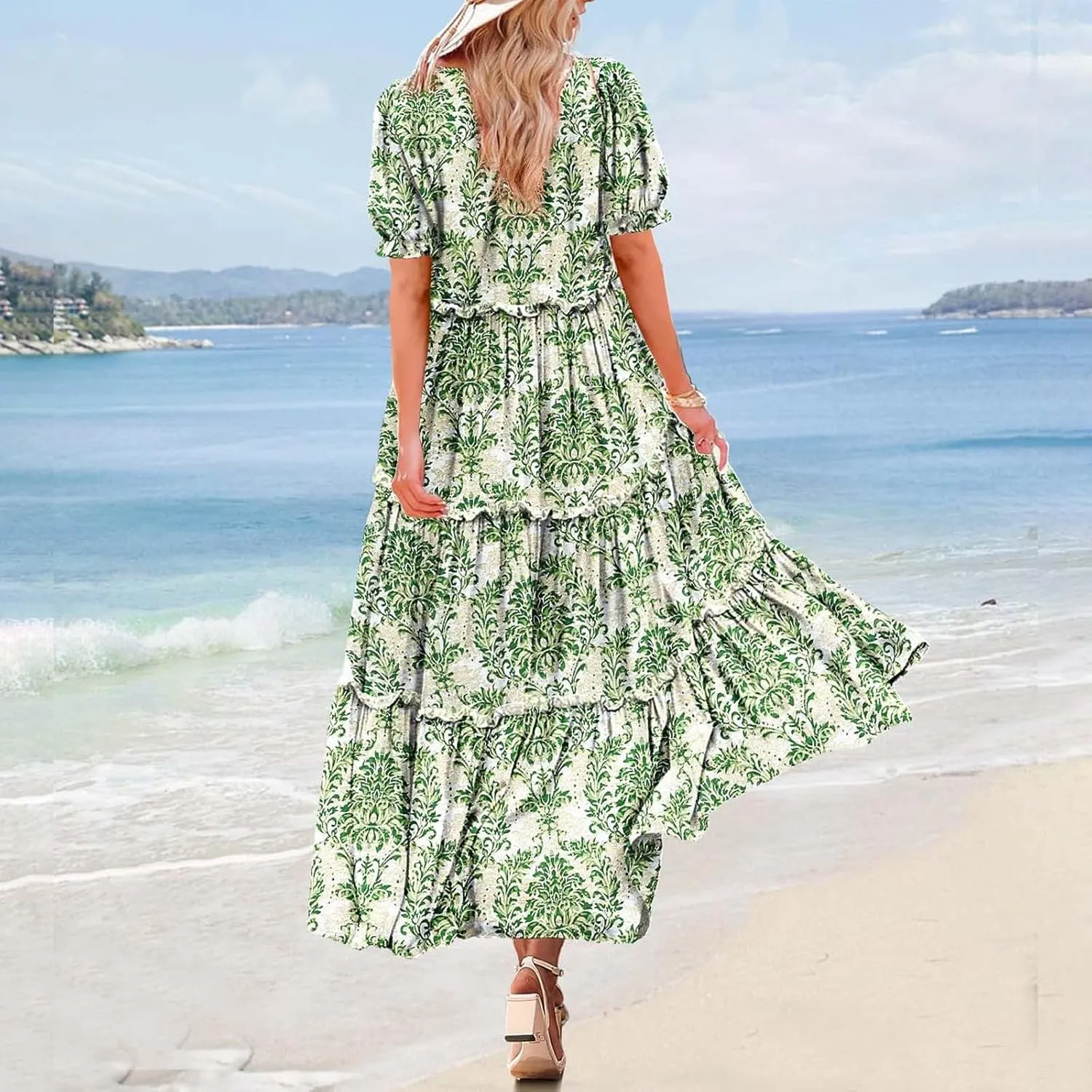 Women Casual Bohemian Floral Dress with Pockets Summer Puff Short Sleeve Maxi Dress Flowy Tiered A Line Dress