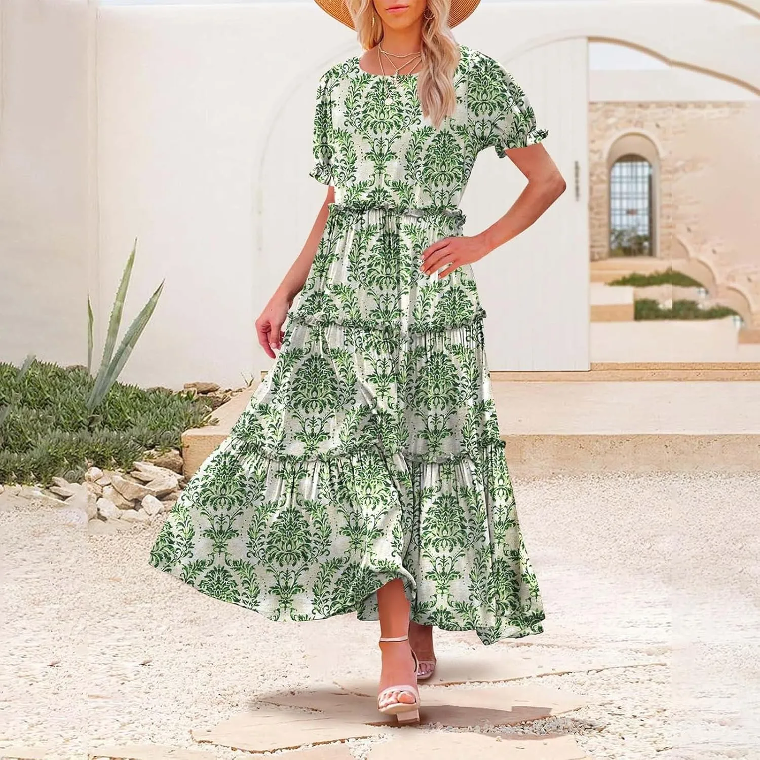 Women Casual Bohemian Floral Dress with Pockets Summer Puff Short Sleeve Maxi Dress Flowy Tiered A Line Dress