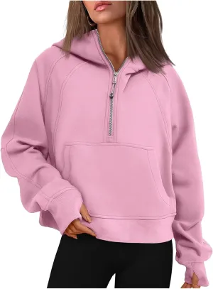 Women Cropped Hoodies Fleece Half Zip Pullover Hooded Sweatshirts 2023 Trendy Quarter Zip Up Tops Casual Crop Top