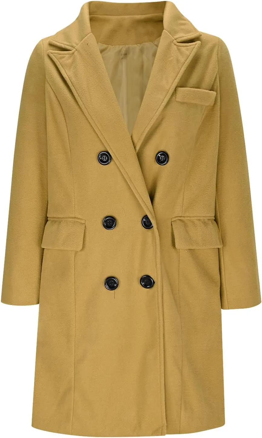 Women Elegant Wool Pea Coat Lapel Collar Double Breasted Mid-Long Winter Overcoats Notched Lapel Collar Slim Jacket