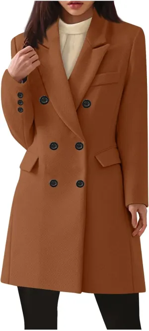 Women Elegant Wool Pea Coat Lapel Collar Double Breasted Mid-Long Winter Overcoats Notched Lapel Collar Slim Jacket