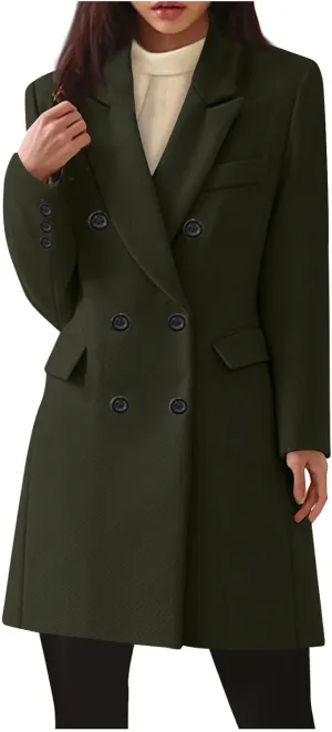 Women Elegant Wool Pea Coat Lapel Collar Double Breasted Mid-Long Winter Overcoats Notched Lapel Collar Slim Jacket
