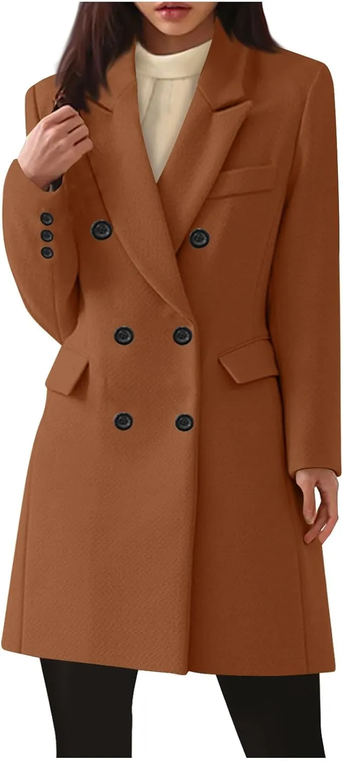 Women Elegant Wool Pea Coat Lapel Collar Double Breasted Mid-Long Winter Overcoats Notched Lapel Collar Slim Jacket