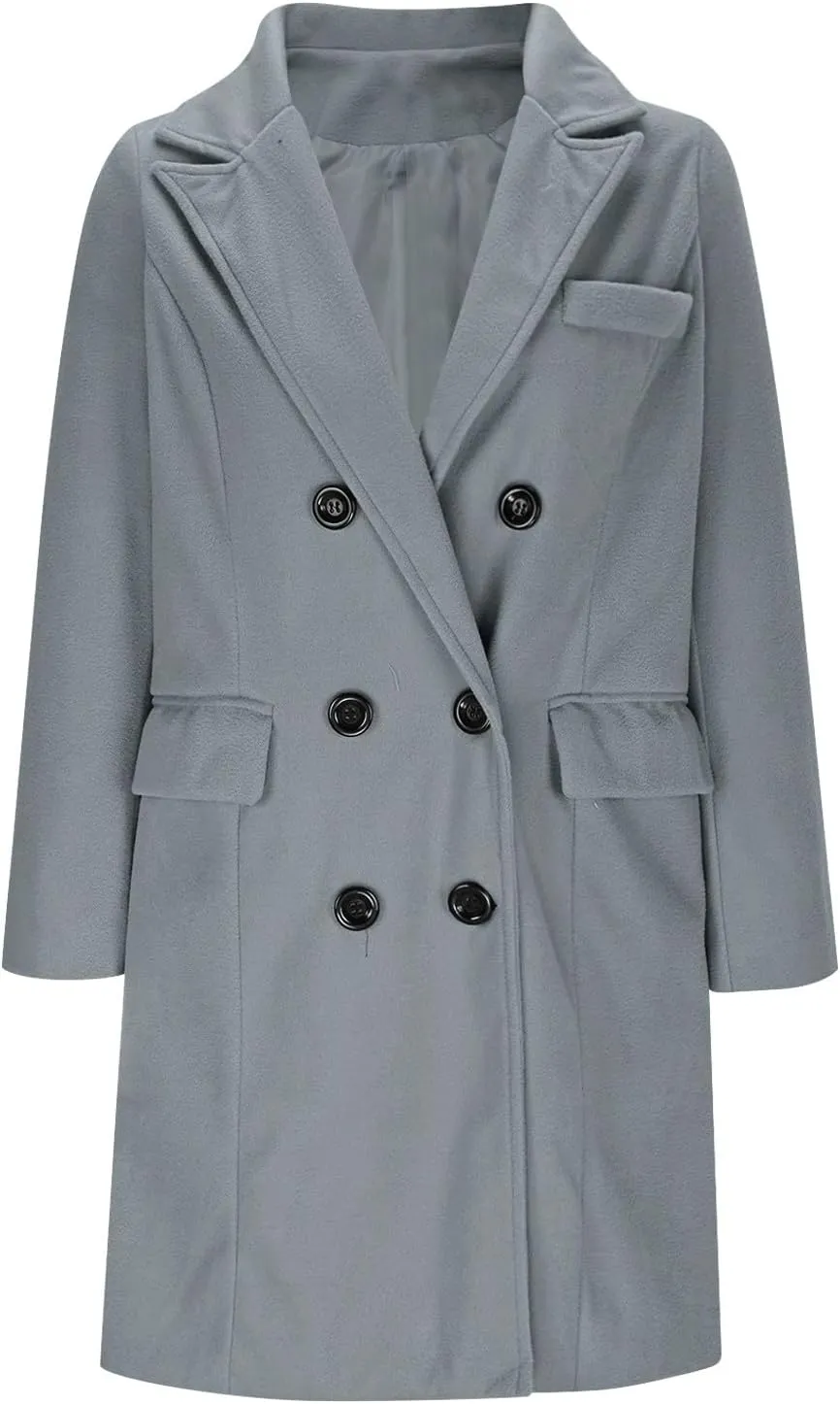 Women Elegant Wool Pea Coat Lapel Collar Double Breasted Mid-Long Winter Overcoats Notched Lapel Collar Slim Jacket