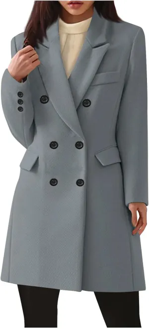Women Elegant Wool Pea Coat Lapel Collar Double Breasted Mid-Long Winter Overcoats Notched Lapel Collar Slim Jacket