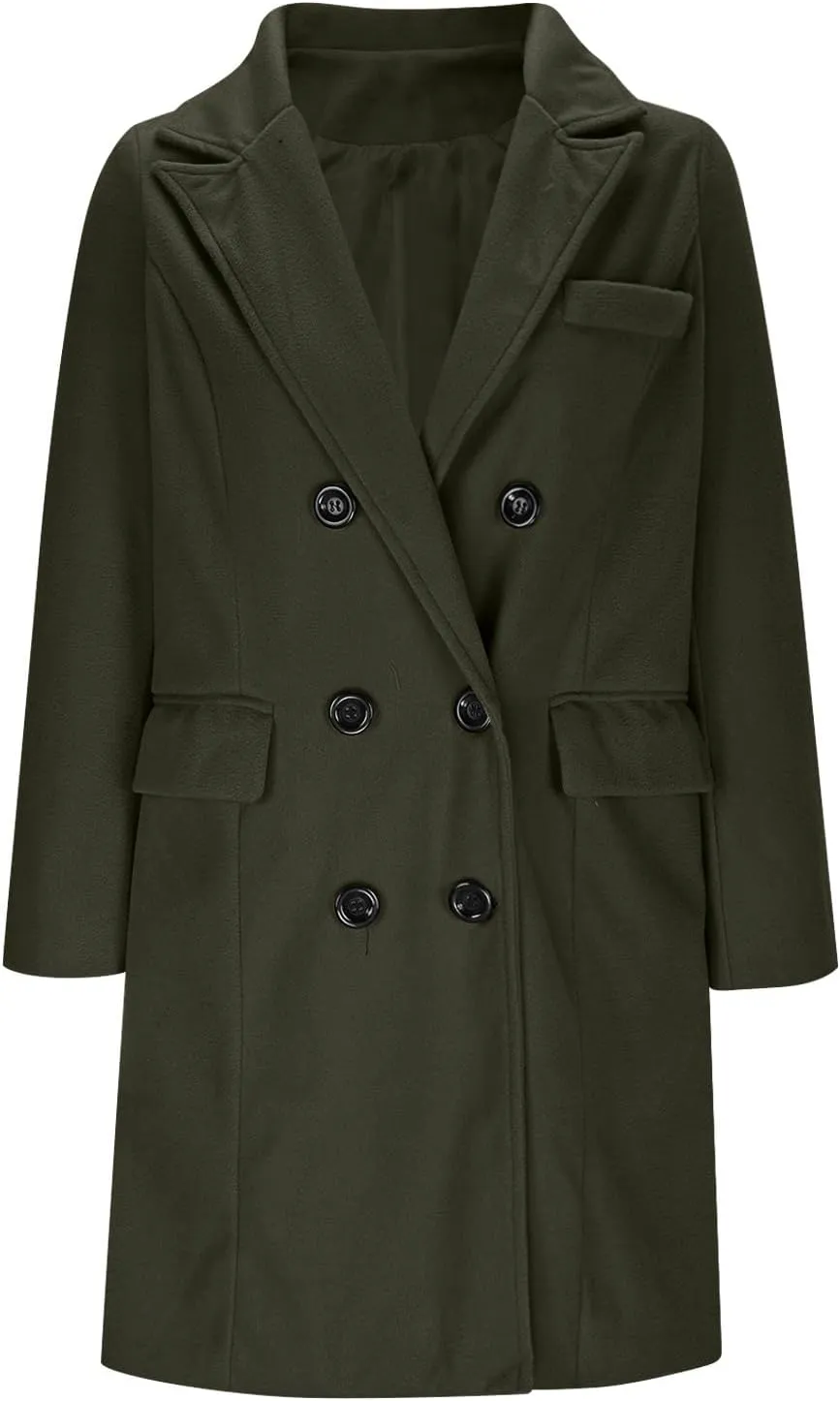 Women Elegant Wool Pea Coat Lapel Collar Double Breasted Mid-Long Winter Overcoats Notched Lapel Collar Slim Jacket