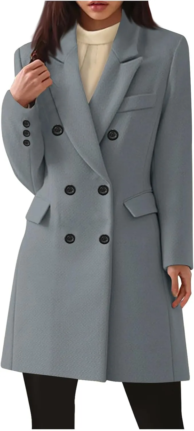 Women Elegant Wool Pea Coat Lapel Collar Double Breasted Mid-Long Winter Overcoats Notched Lapel Collar Slim Jacket