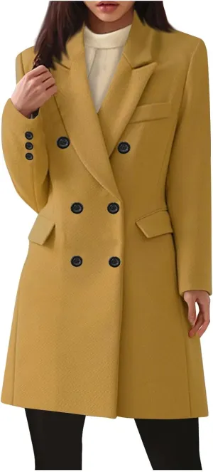 Women Elegant Wool Pea Coat Lapel Collar Double Breasted Mid-Long Winter Overcoats Notched Lapel Collar Slim Jacket