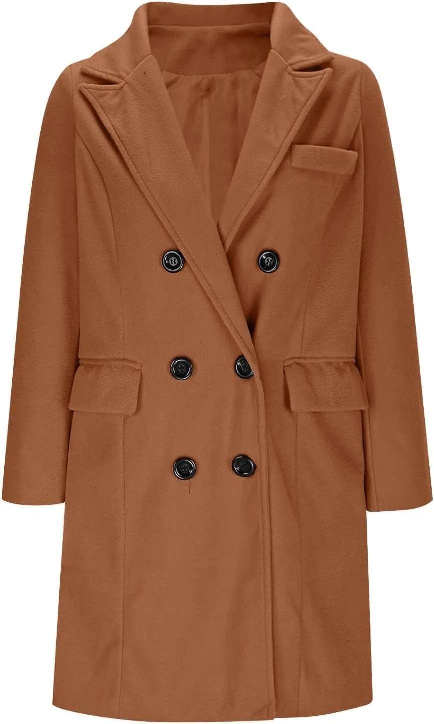 Women Elegant Wool Pea Coat Lapel Collar Double Breasted Mid-Long Winter Overcoats Notched Lapel Collar Slim Jacket