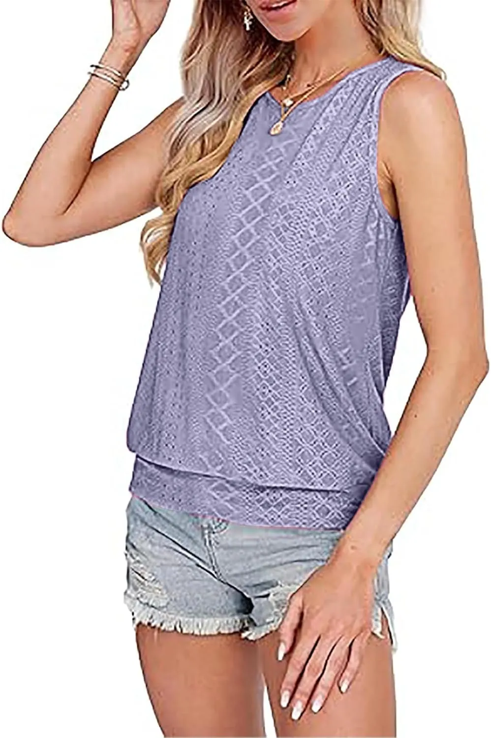 Women Eyelet Blouson Tank Tops Crewneck Dressy Casual Camisole Summer Loose Sleeveless Blouses Shirts