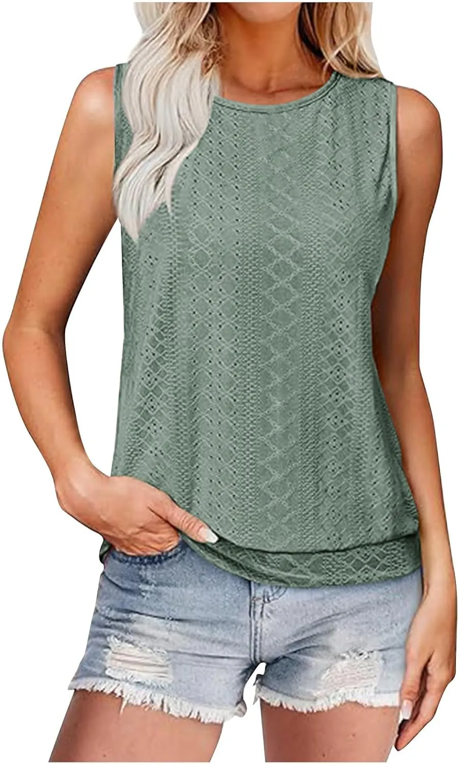 Women Eyelet Blouson Tank Tops Crewneck Dressy Casual Camisole Summer Loose Sleeveless Blouses Shirts