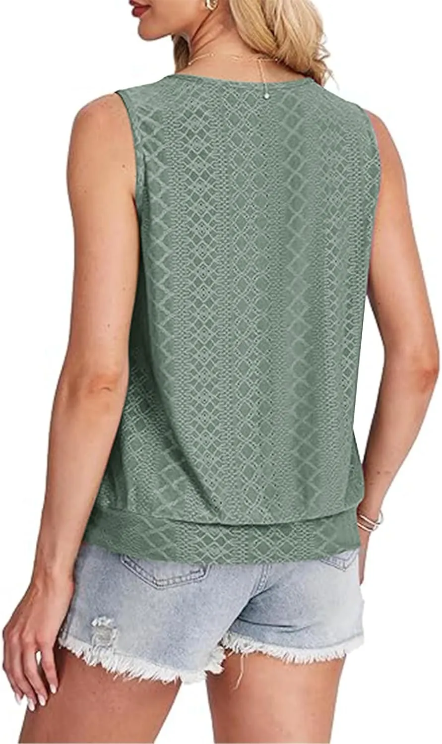 Women Eyelet Blouson Tank Tops Crewneck Dressy Casual Camisole Summer Loose Sleeveless Blouses Shirts