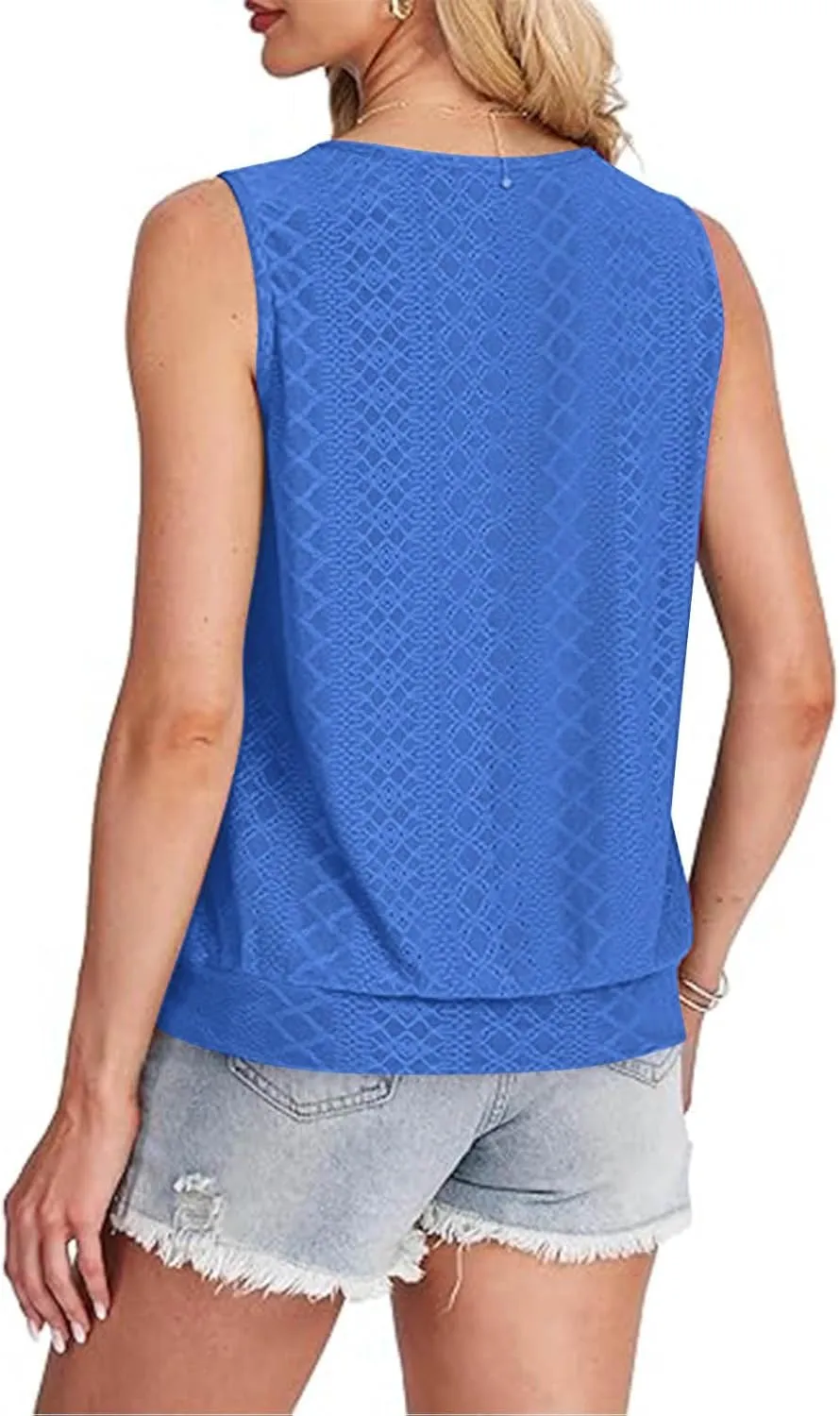 Women Eyelet Blouson Tank Tops Crewneck Dressy Casual Camisole Summer Loose Sleeveless Blouses Shirts