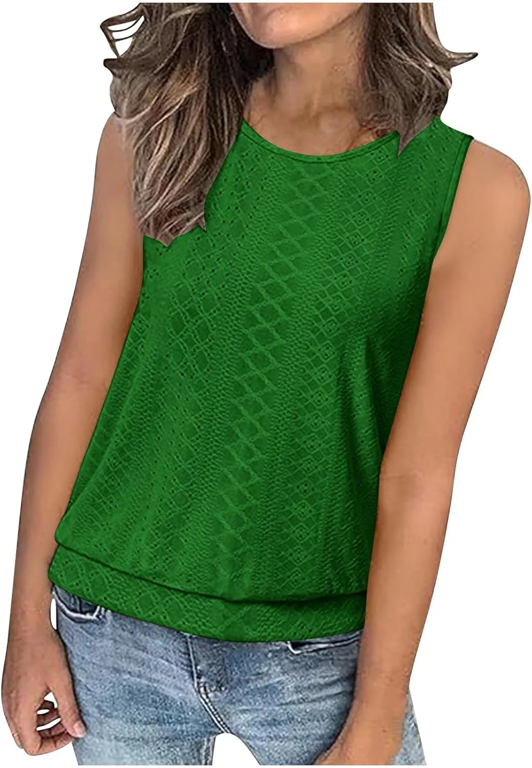 Women Eyelet Blouson Tank Tops Crewneck Dressy Casual Camisole Summer Loose Sleeveless Blouses Shirts
