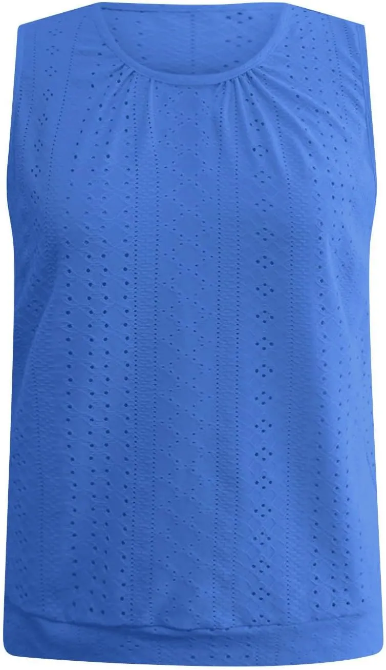 Women Eyelet Blouson Tank Tops Crewneck Dressy Casual Camisole Summer Loose Sleeveless Blouses Shirts