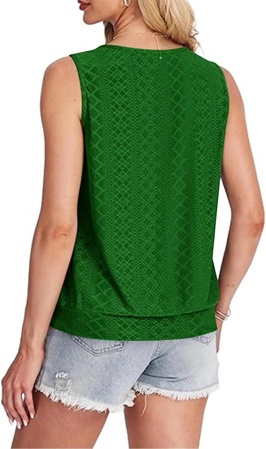 Women Eyelet Blouson Tank Tops Crewneck Dressy Casual Camisole Summer Loose Sleeveless Blouses Shirts