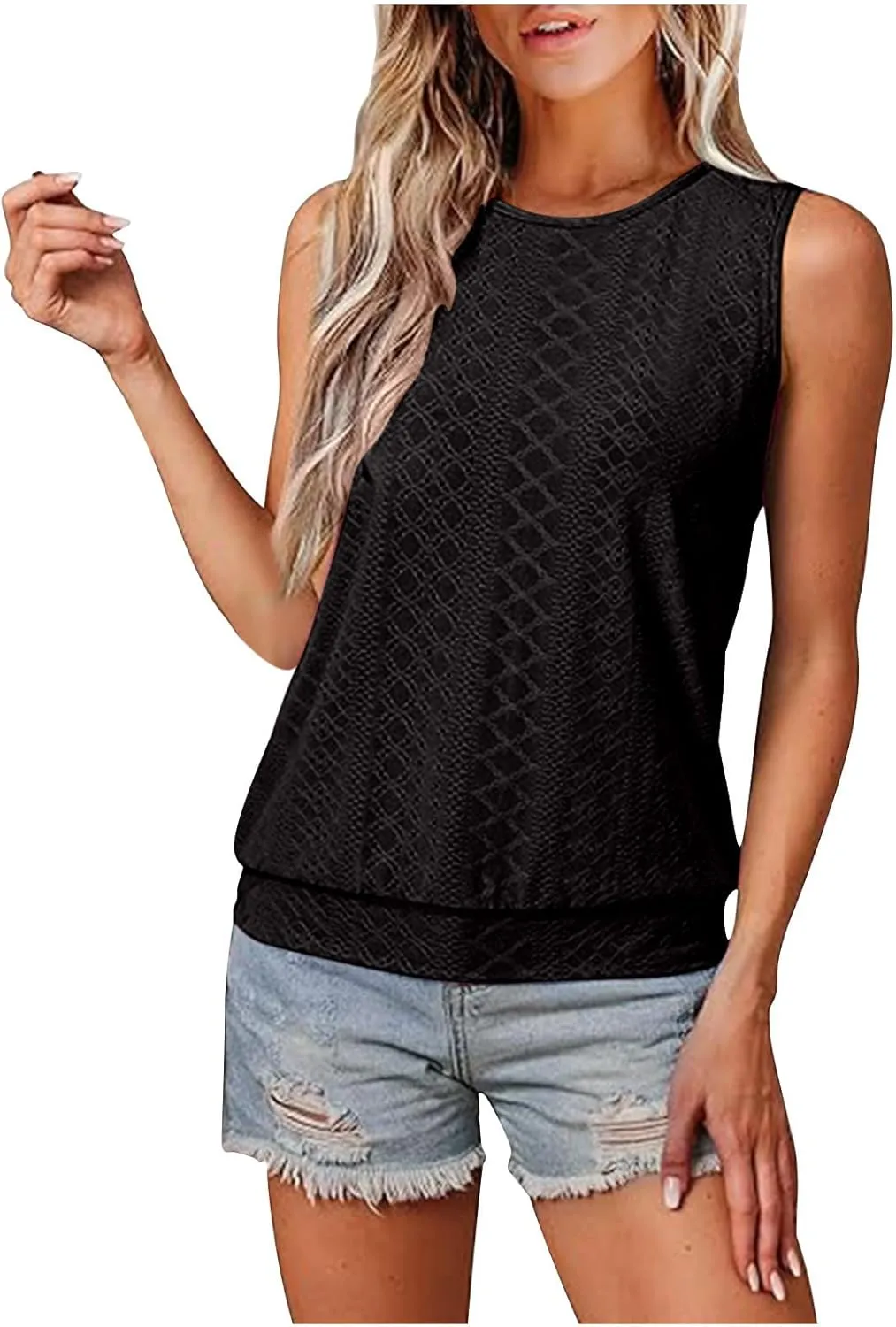 Women Eyelet Blouson Tank Tops Crewneck Dressy Casual Camisole Summer Loose Sleeveless Blouses Shirts