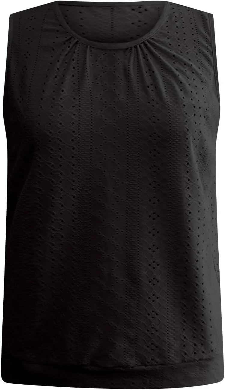 Women Eyelet Blouson Tank Tops Crewneck Dressy Casual Camisole Summer Loose Sleeveless Blouses Shirts