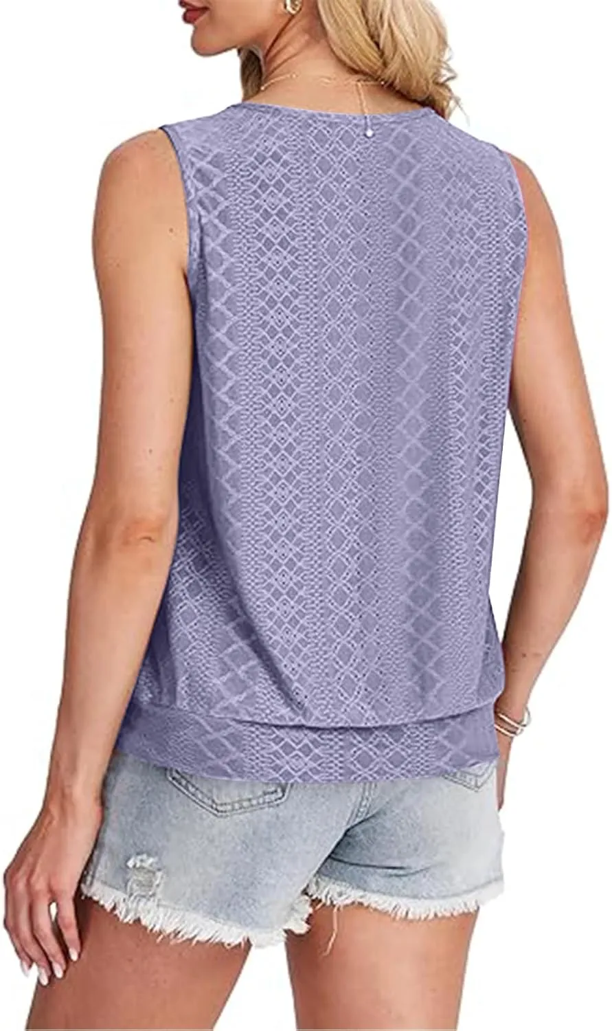 Women Eyelet Blouson Tank Tops Crewneck Dressy Casual Camisole Summer Loose Sleeveless Blouses Shirts