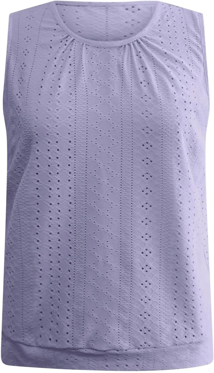 Women Eyelet Blouson Tank Tops Crewneck Dressy Casual Camisole Summer Loose Sleeveless Blouses Shirts