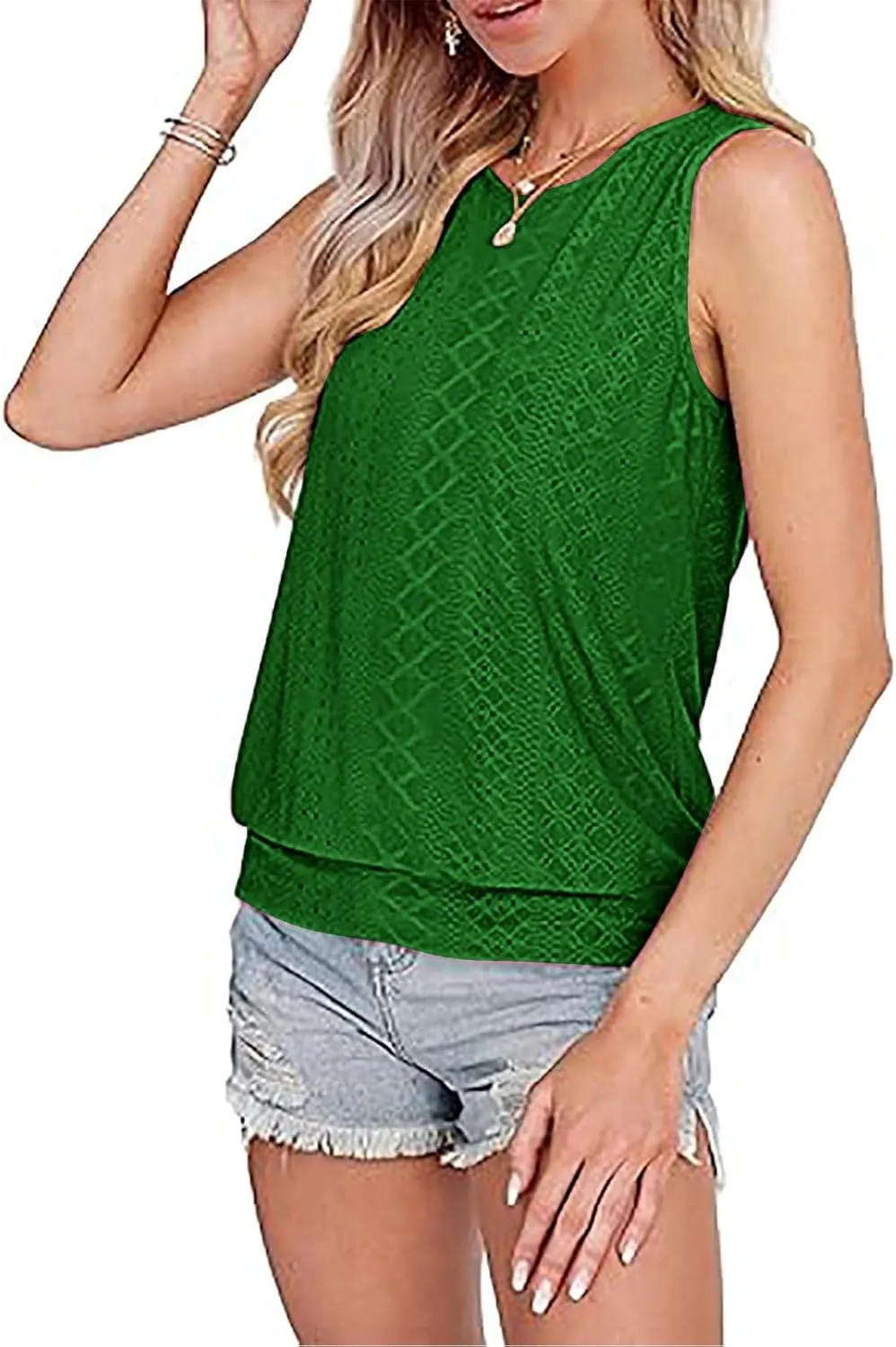 Women Eyelet Blouson Tank Tops Crewneck Dressy Casual Camisole Summer Loose Sleeveless Blouses Shirts